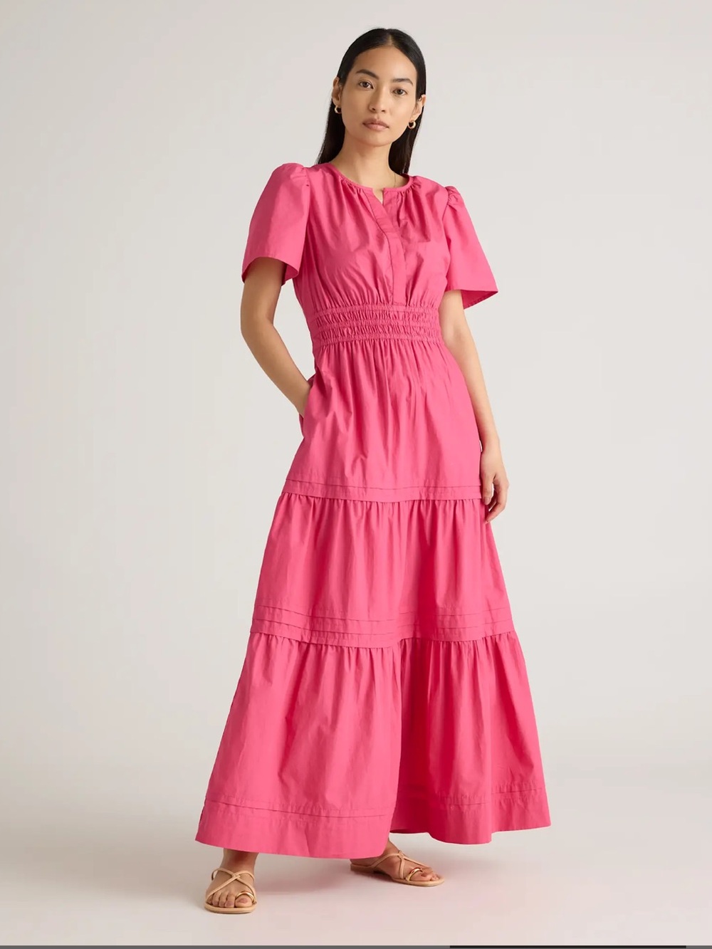 Quince Cotton Poplin Tiered Maxi Dress Organic Cotton Pink Size M